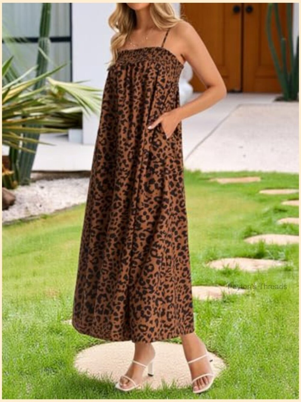 Polka Dot Maxi Dress with Pockets - Smocked Spaghetti Strap Summer Beach Dress - Picture 4 of 7